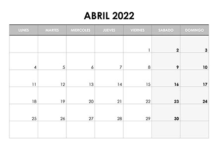 Calendario abril 2022