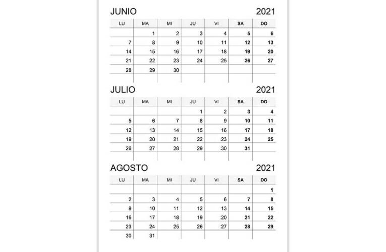 Calendario junio, julio, agosto 2021