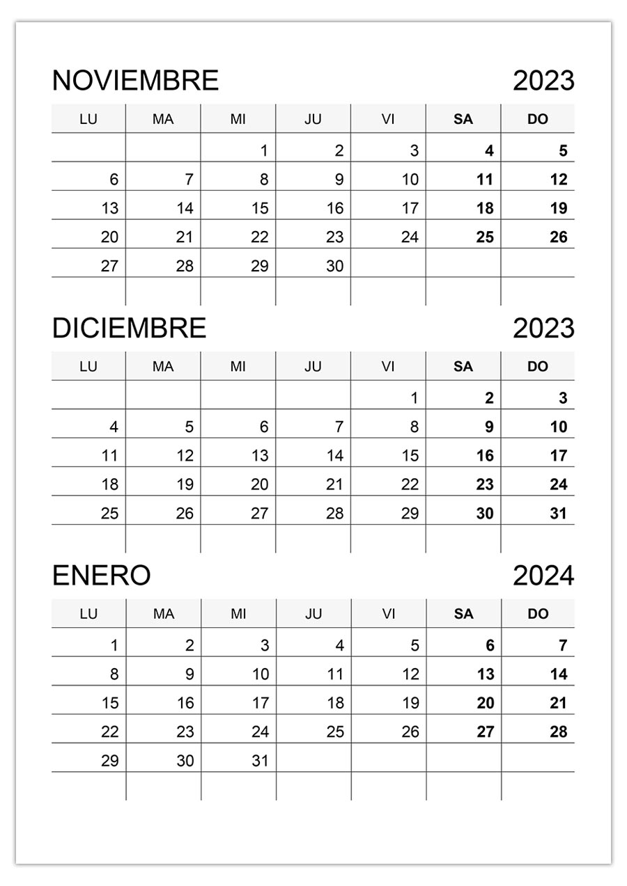 Calendario noviembre, diciembre 2023, y enero 2024