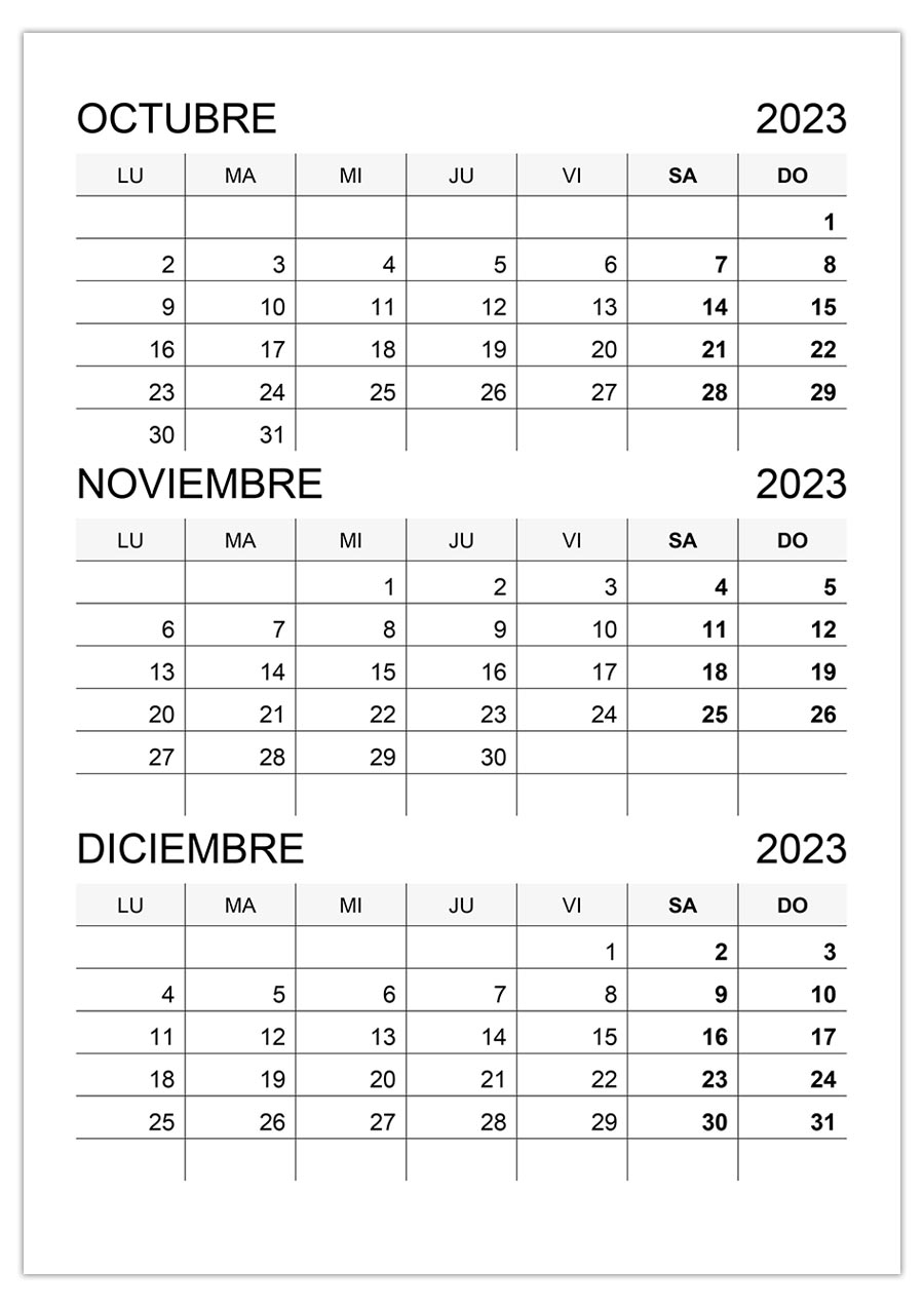 Calendario octubre, noviembre, diciembre 2023