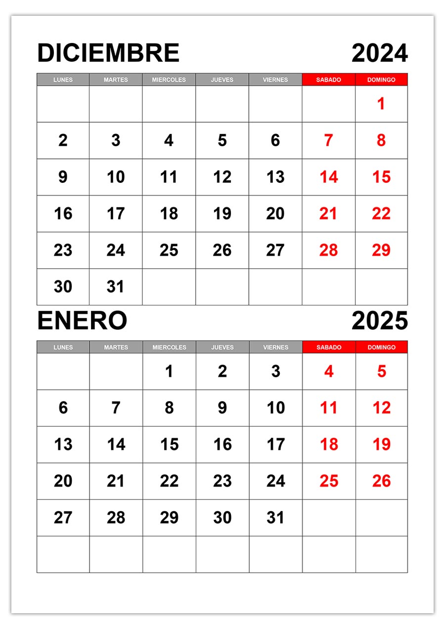 Calendario diciembre 2024, enero 2025