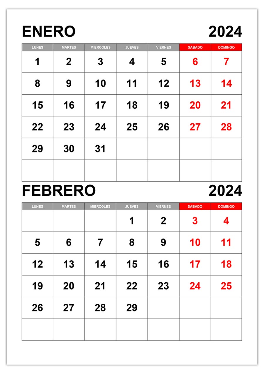 Calendario enero, febrero 2024