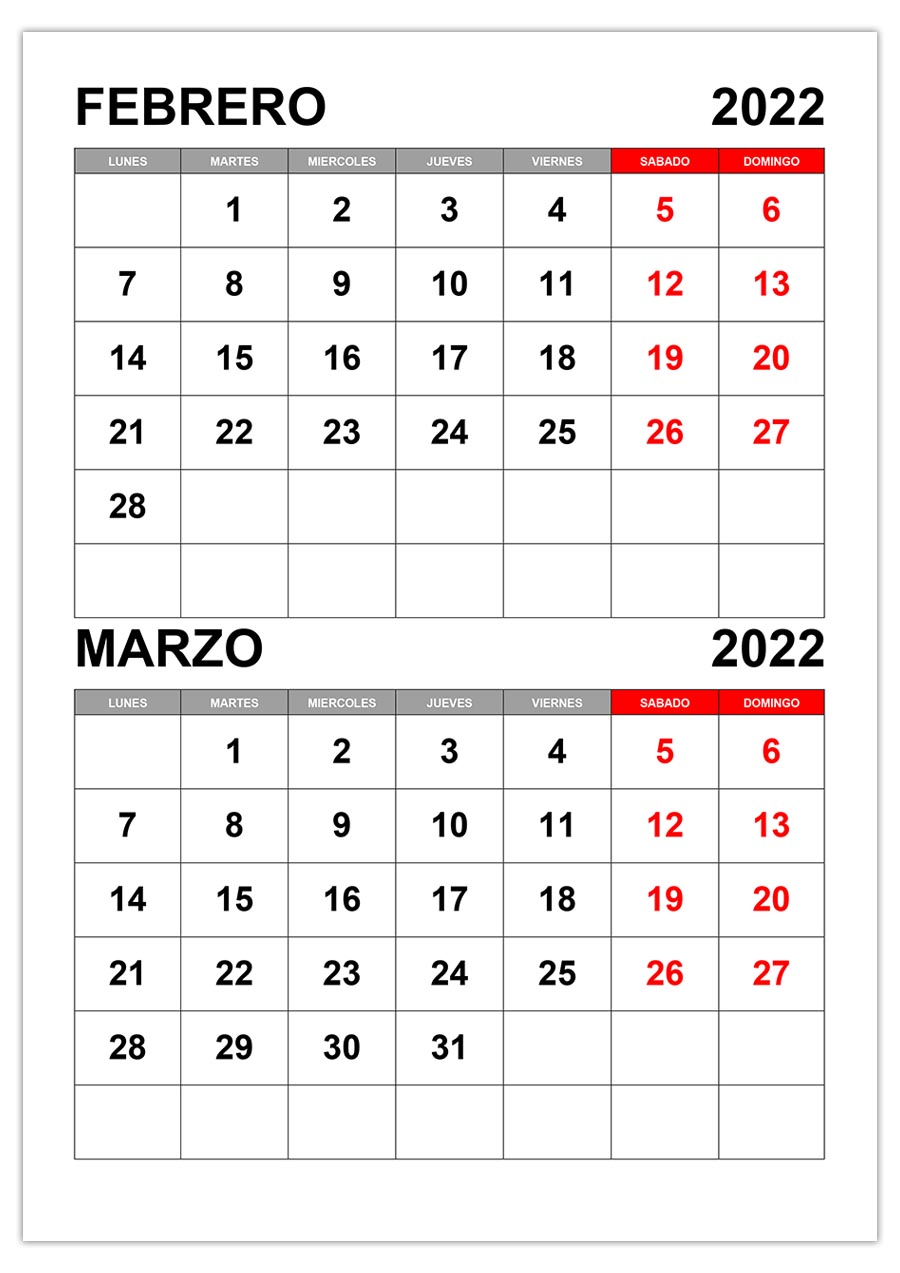Calendario febrero, marzo 2022