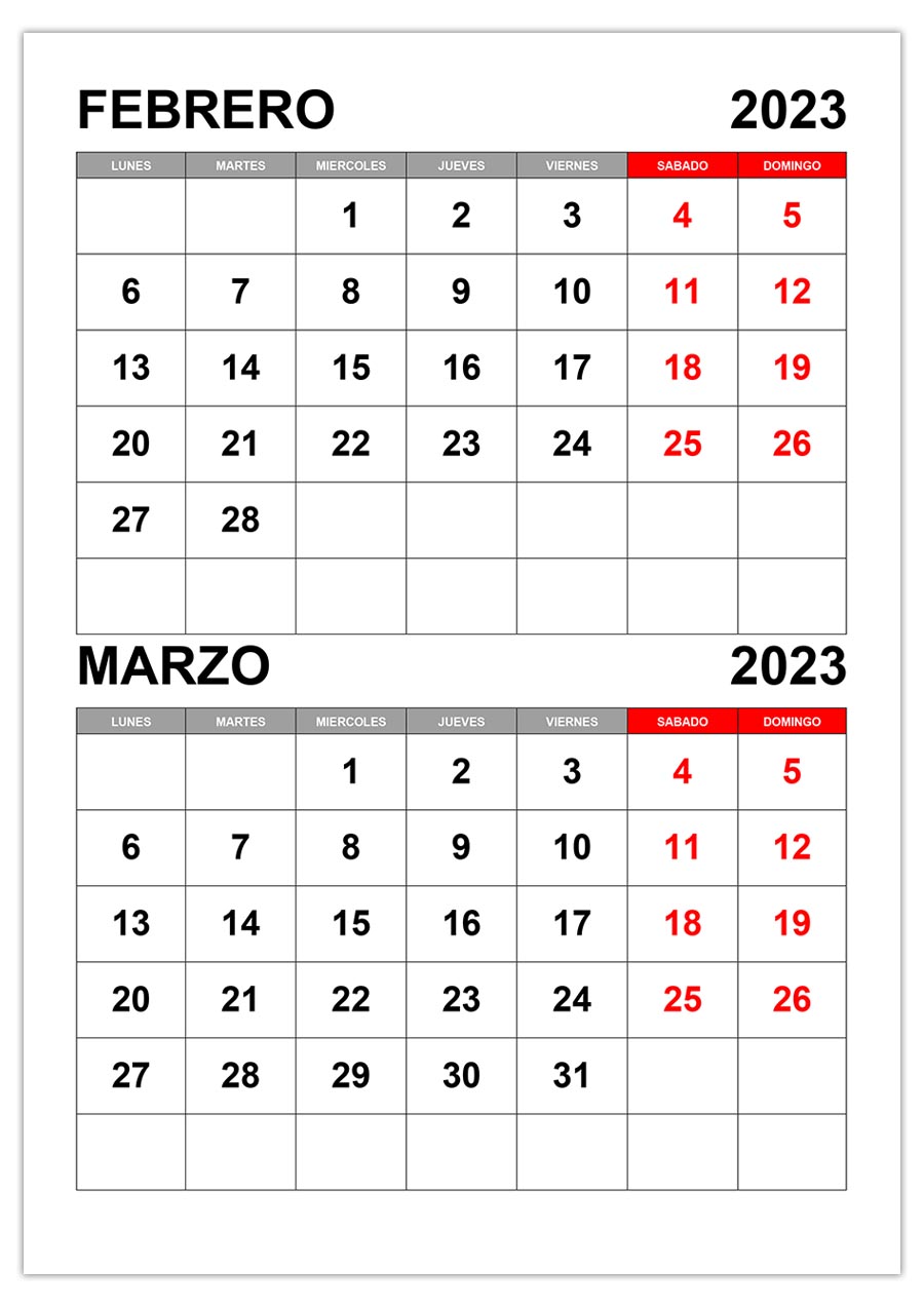 Calendario febrero, marzo 2023