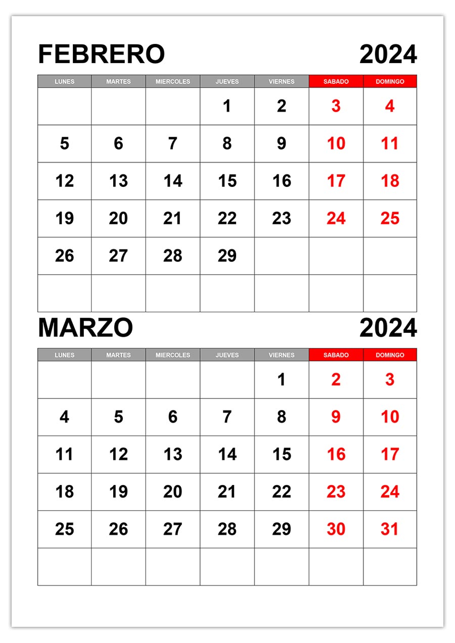 Calendario febrero, marzo 2024
