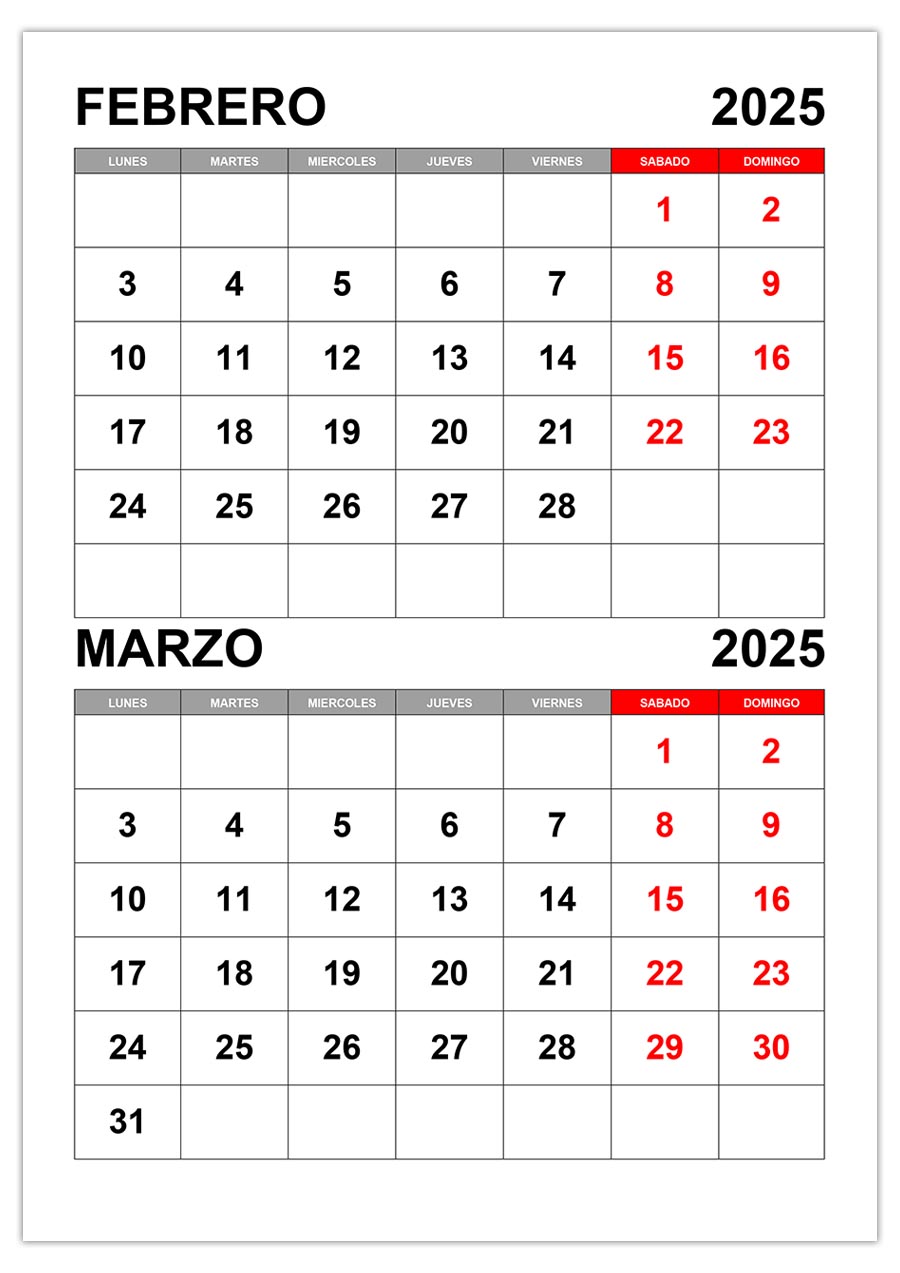 Calendario febrero, marzo 2025