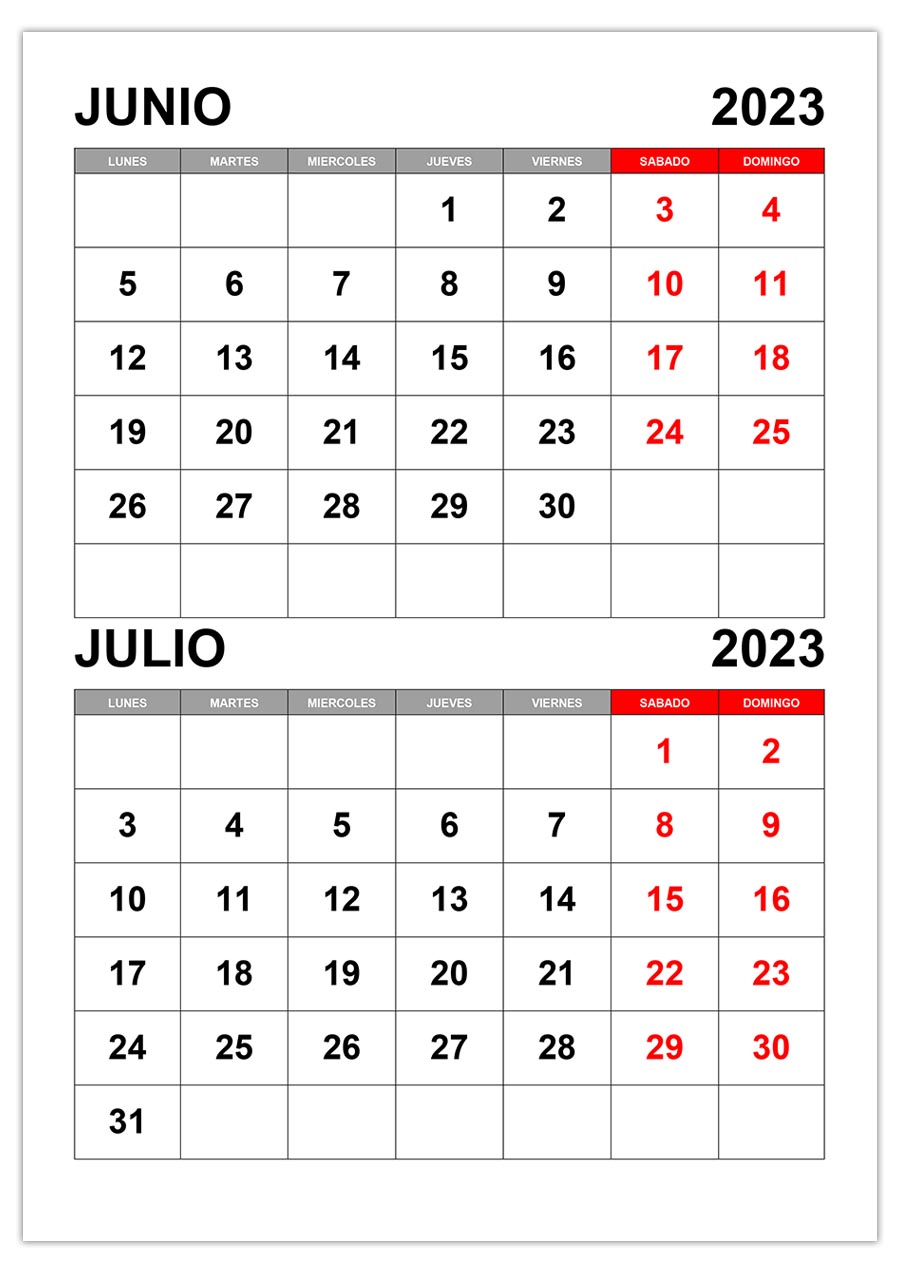 Calendario junio, julio 2023