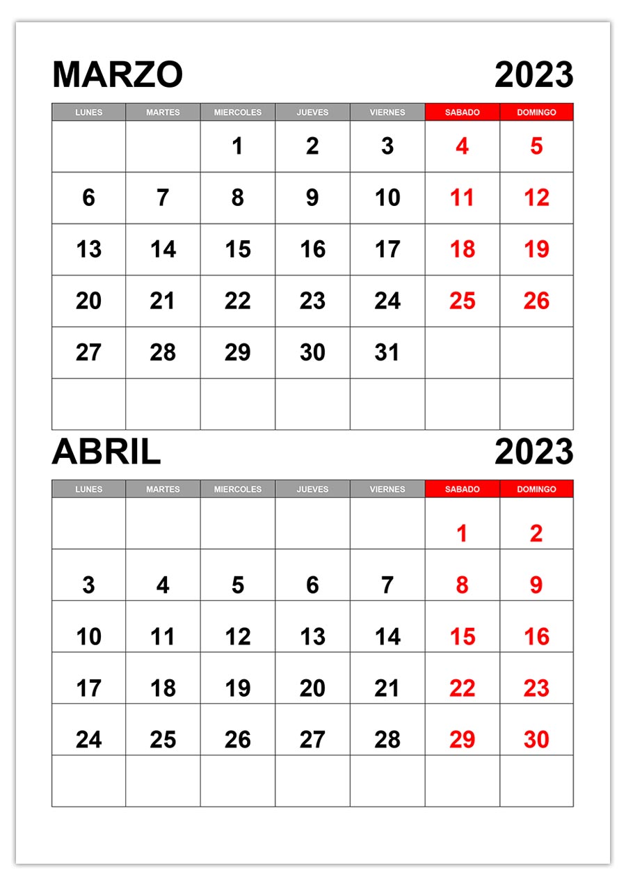 Calendario marzo, abril 2023