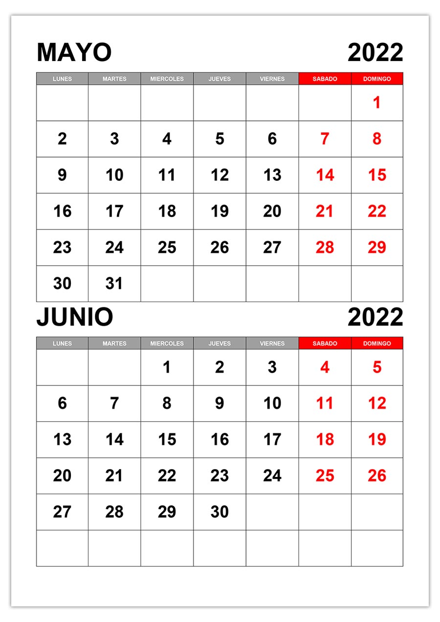 Calendario mayo, junio 2022