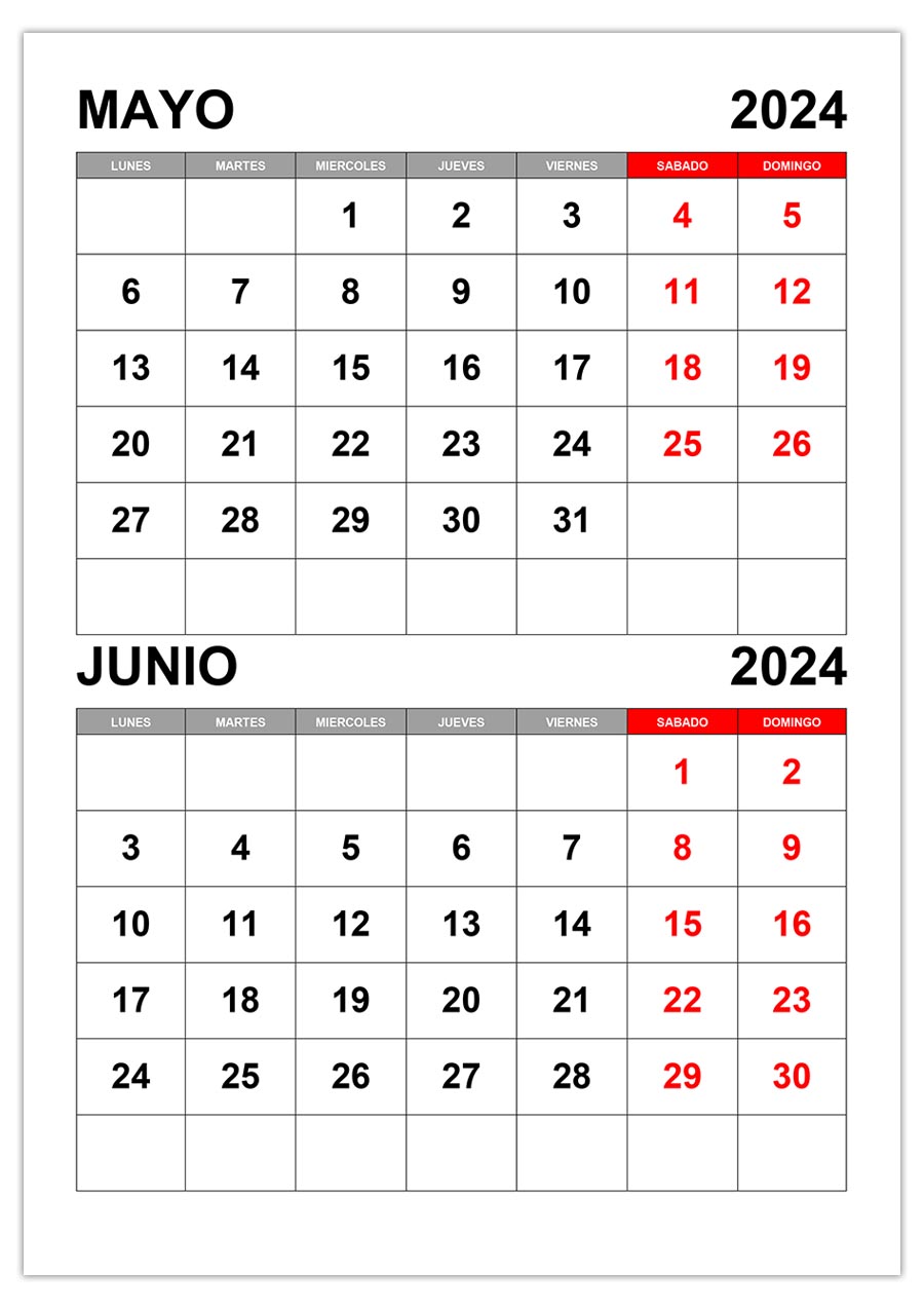 Calendario mayo, junio 2024