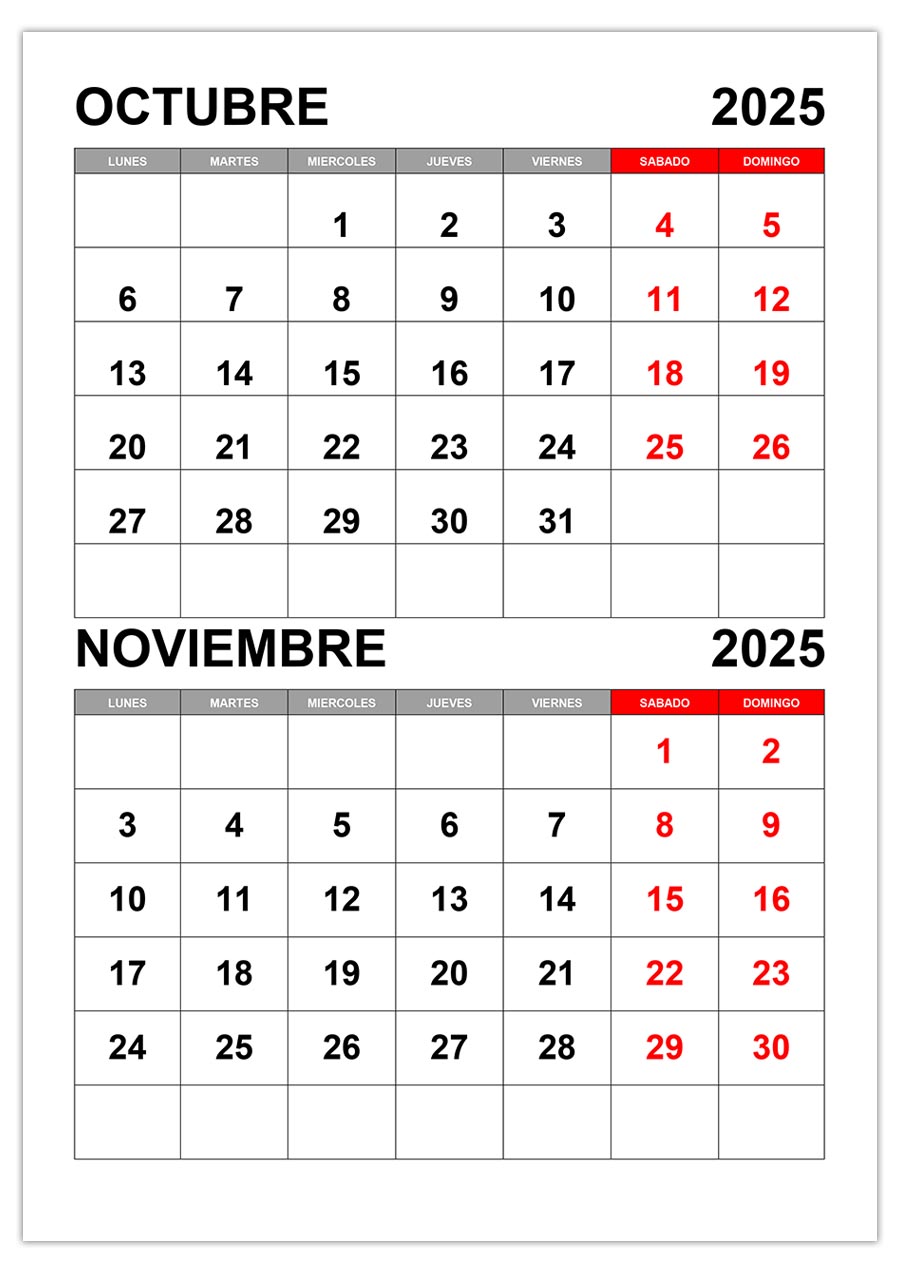 Calendario octubre, noviembre 2025