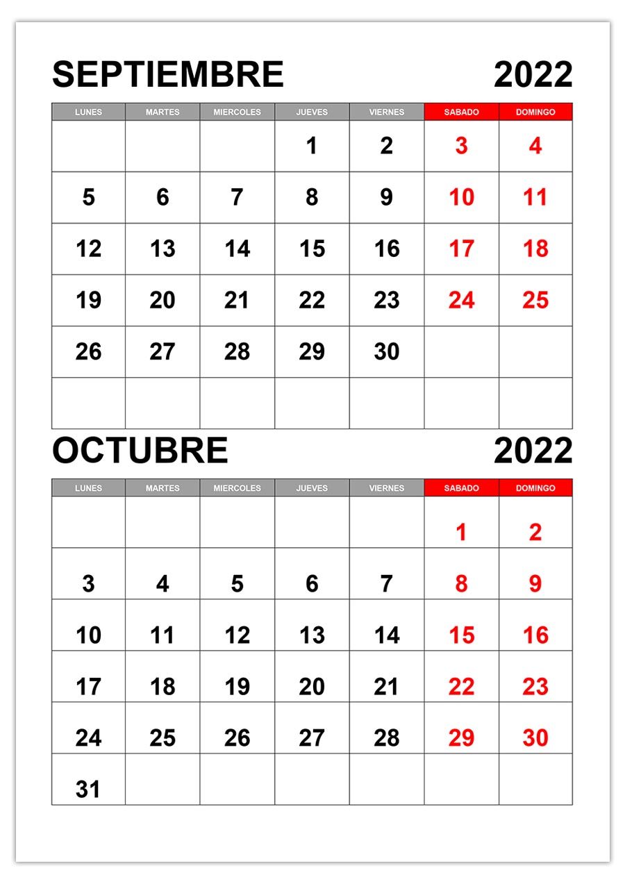 Calendario septiembre, octubre 2022