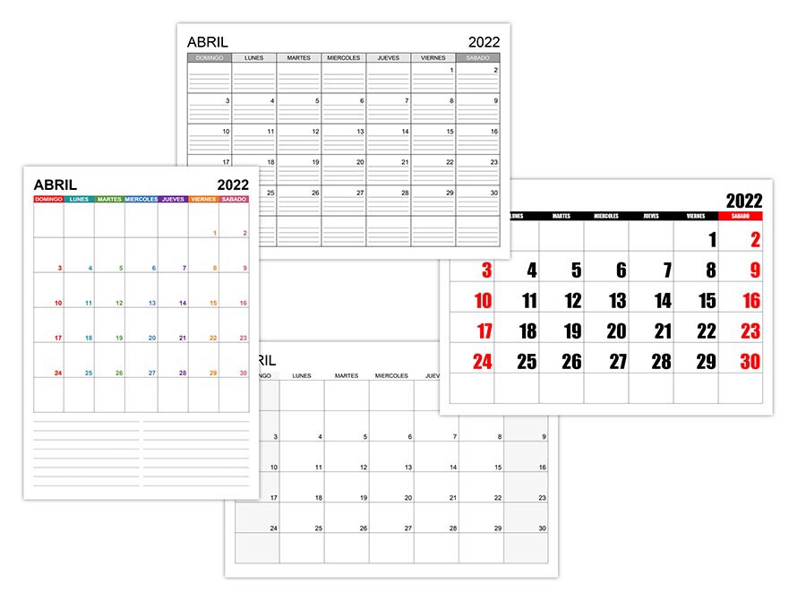Calendario abril 2022 (el domingo es el primer día de la semana)